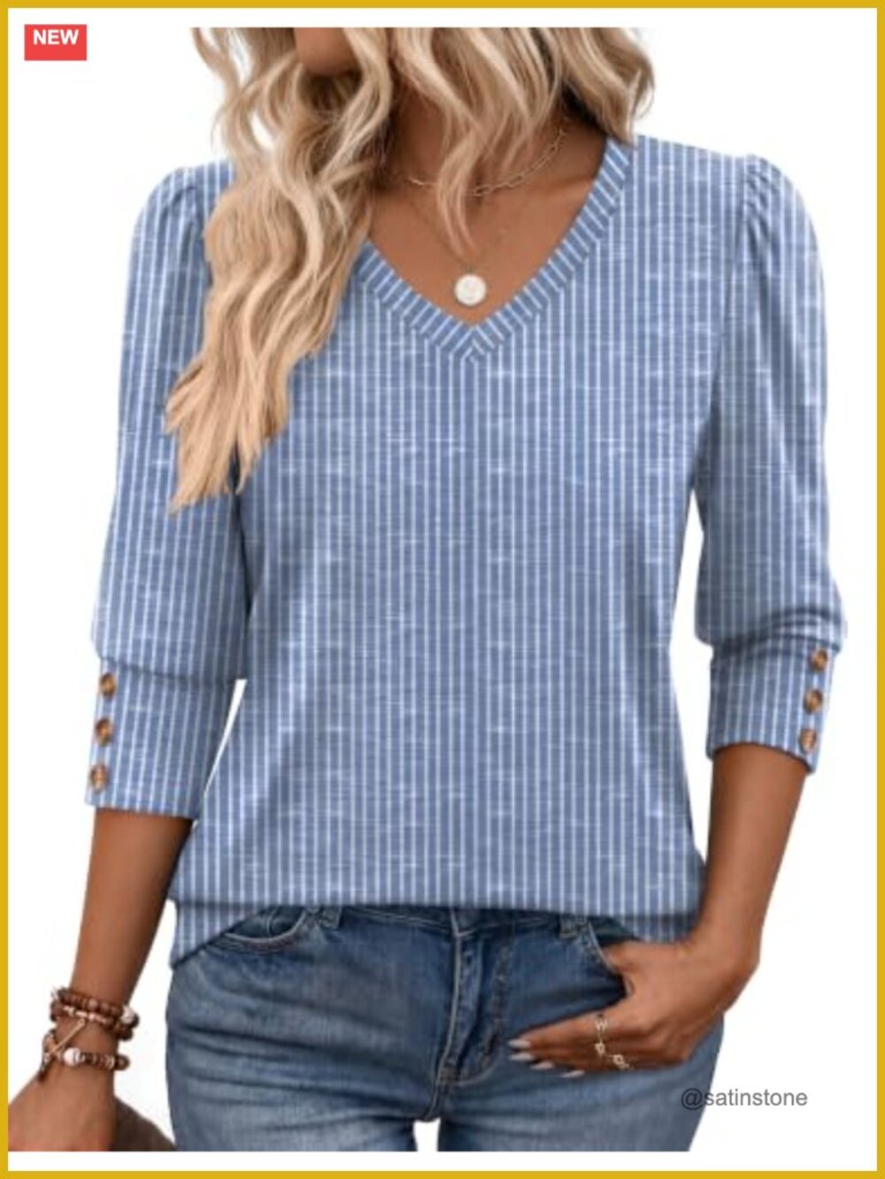 Womens 3/4 Sleeve V Neck Tunic Top Button Puff Sleeve Dressy Casual Blouse